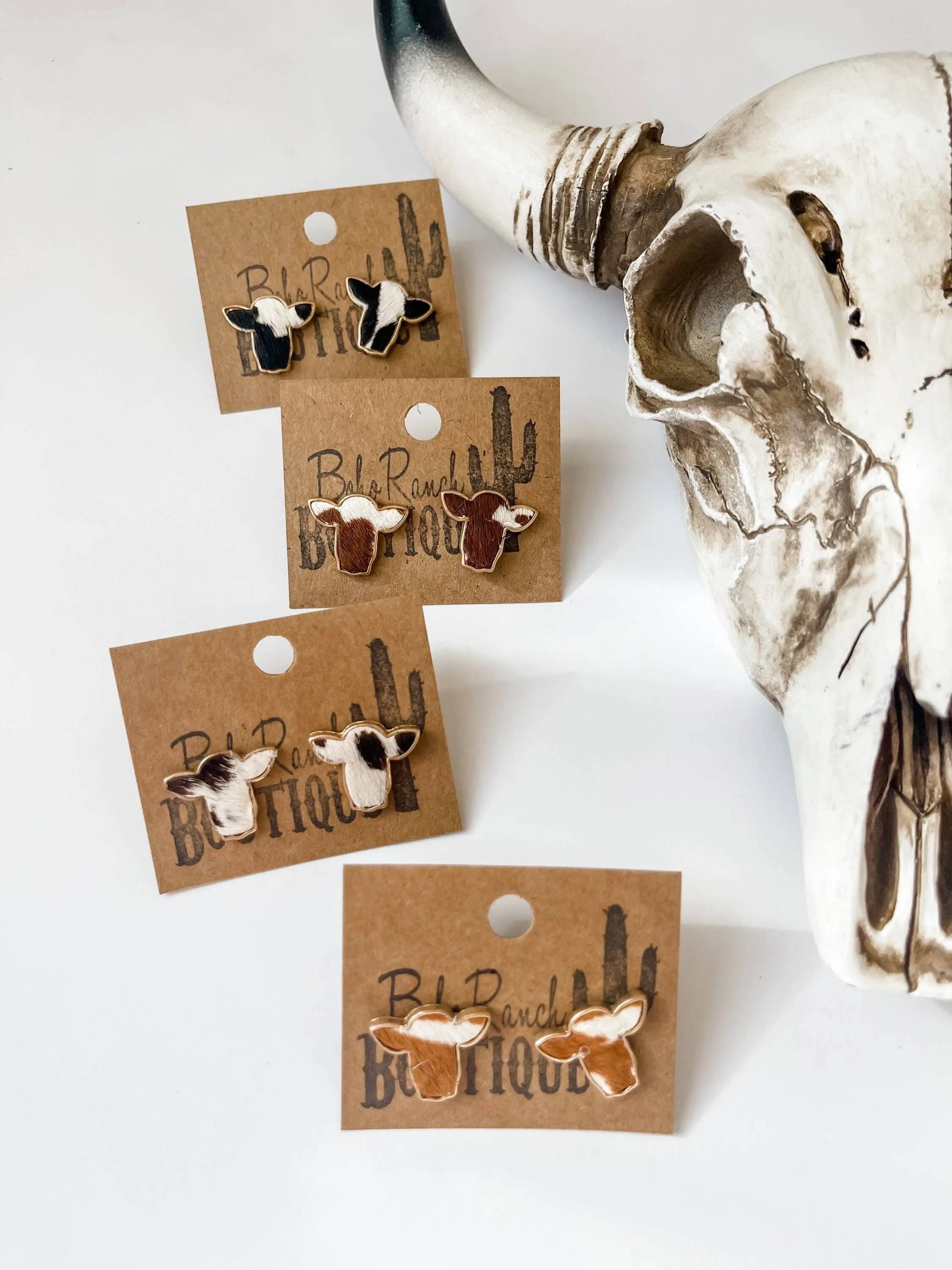 Boho Ranch Shop - Steer Head Cowhead Cowhide Stud Earrings: BLACK   WHITE