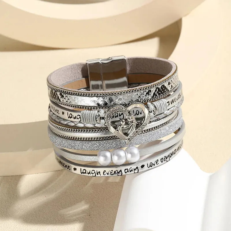 Boho Style Multi Layer Leather Bracelet for Women Luxury Jewelry Cupid Heart Open Magnet Buckle Bracelet as a Holiday Gift
