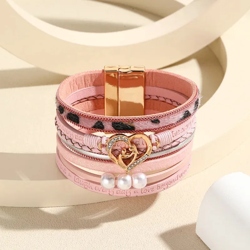 Boho Style Multi Layer Leather Bracelet for Women Luxury Jewelry Cupid Heart Open Magnet Buckle Bracelet as a Holiday Gift