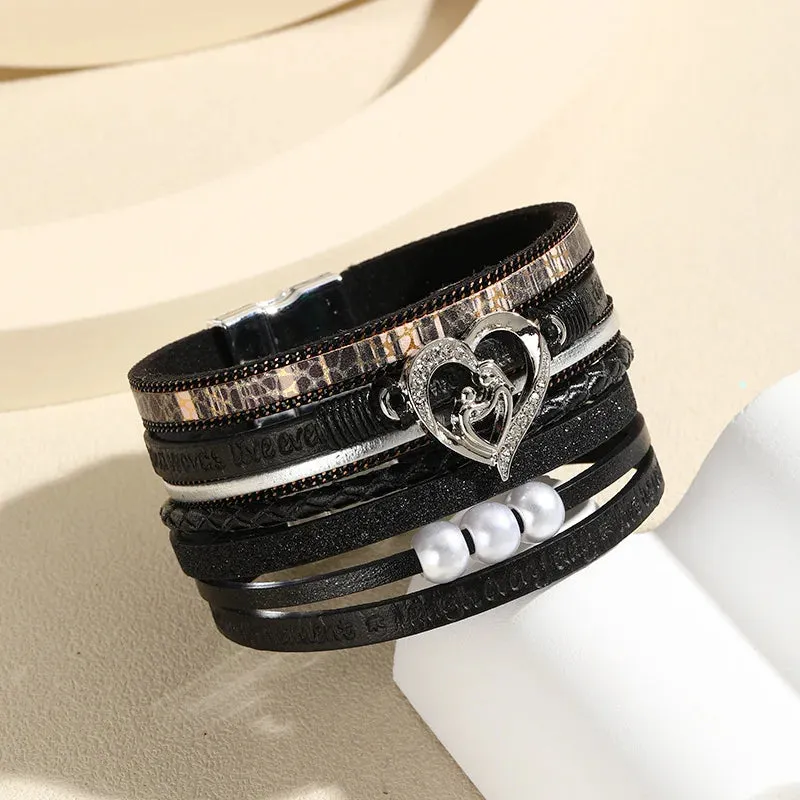 Boho Style Multi Layer Leather Bracelet for Women Luxury Jewelry Cupid Heart Open Magnet Buckle Bracelet as a Holiday Gift