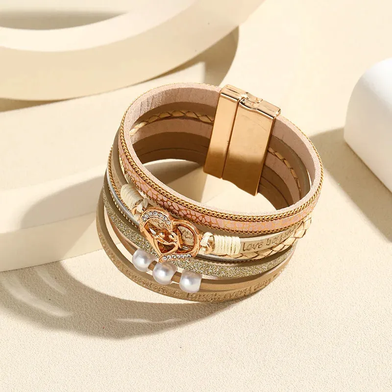 Boho Style Multi Layer Leather Bracelet for Women Luxury Jewelry Cupid Heart Open Magnet Buckle Bracelet as a Holiday Gift
