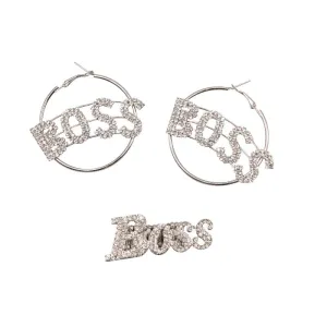 Boss hoop rhinestone earrings and boss rhinestone stretch band ring set (2 colors)