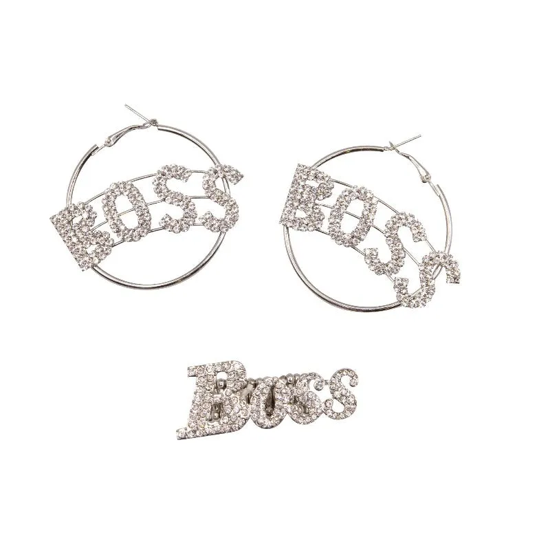 Boss hoop rhinestone earrings and boss rhinestone stretch band ring set (2 colors)