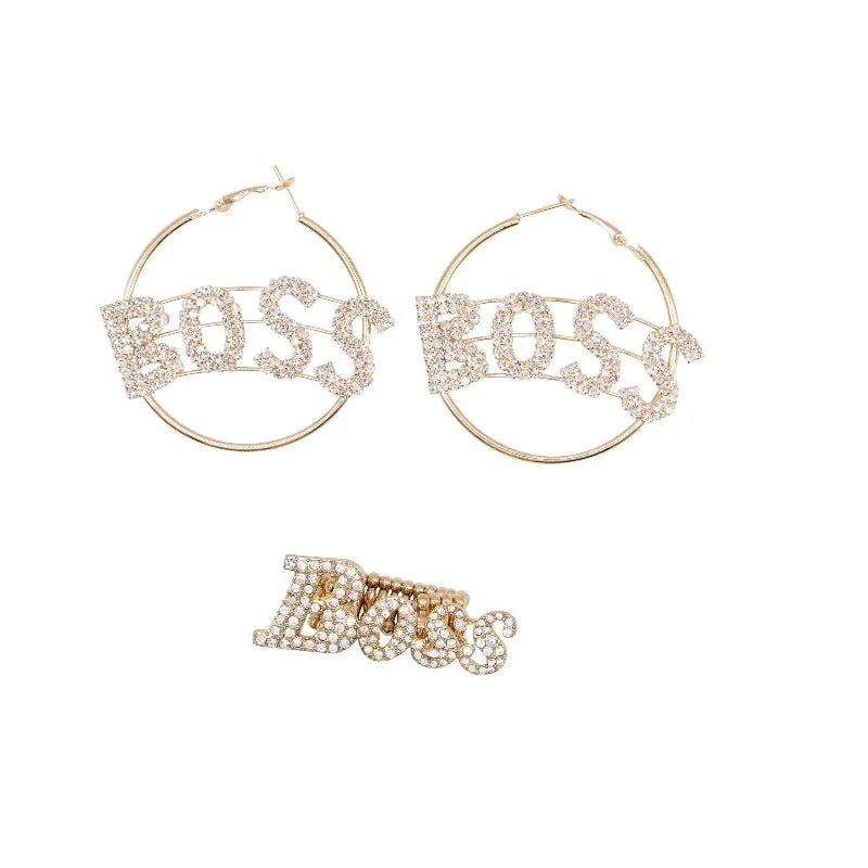 Boss hoop rhinestone earrings and boss rhinestone stretch band ring set (2 colors)