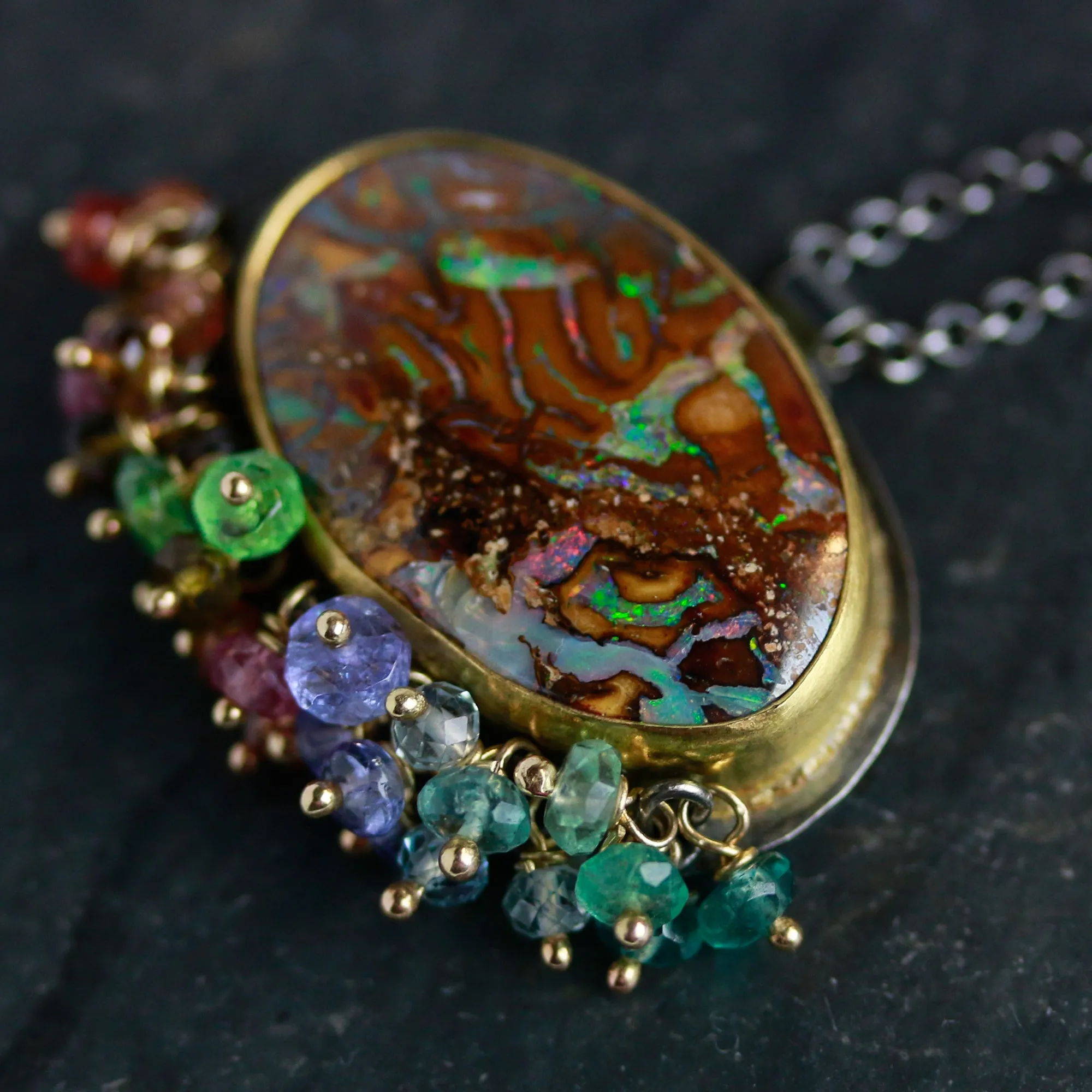 Boulder Opal Oval with Multi Sapphire and Tourmaline Fringe