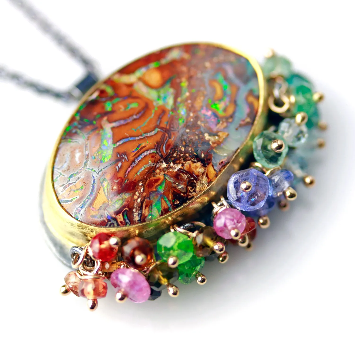 Boulder Opal Oval with Multi Sapphire and Tourmaline Fringe