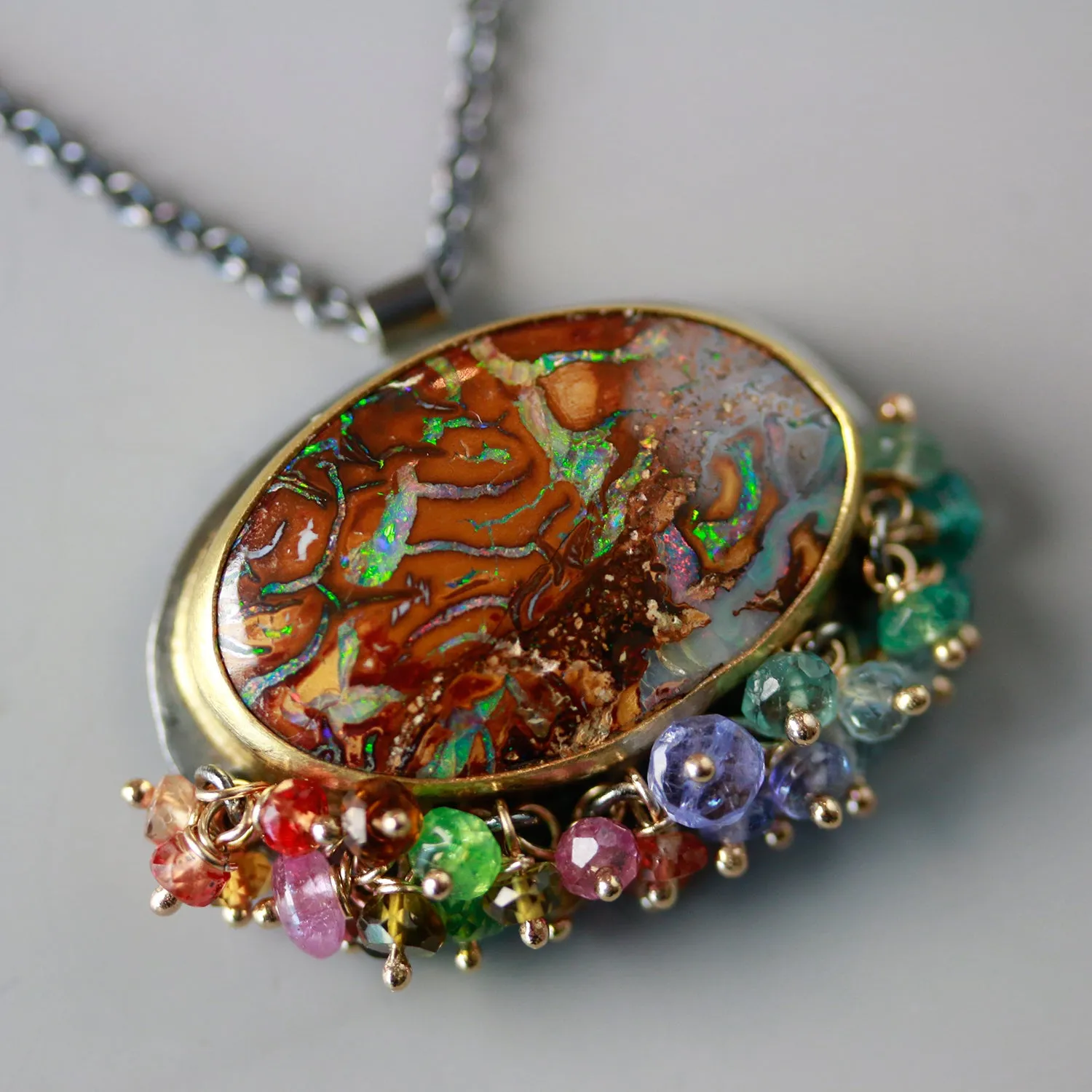 Boulder Opal Oval with Multi Sapphire and Tourmaline Fringe