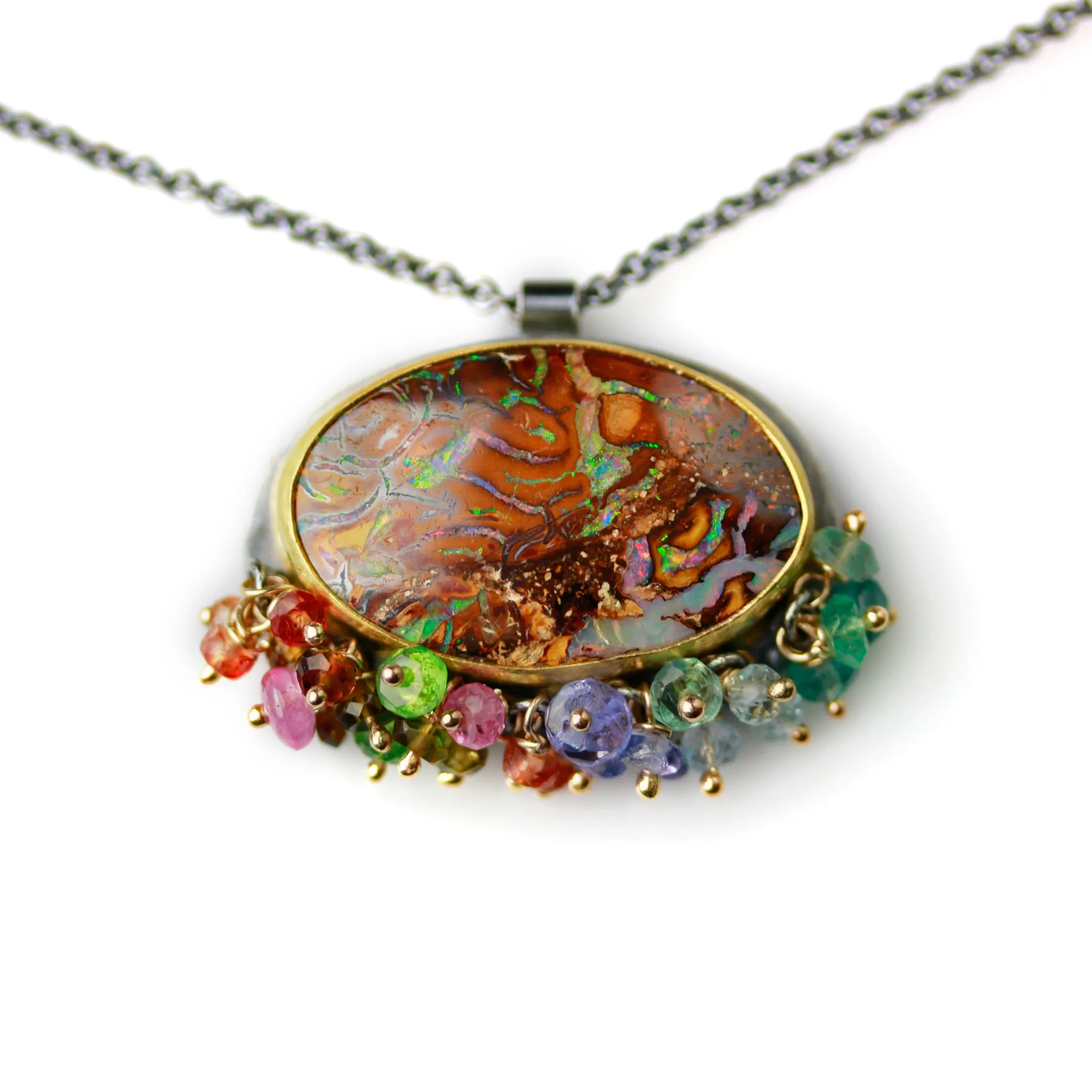Boulder Opal Oval with Multi Sapphire and Tourmaline Fringe