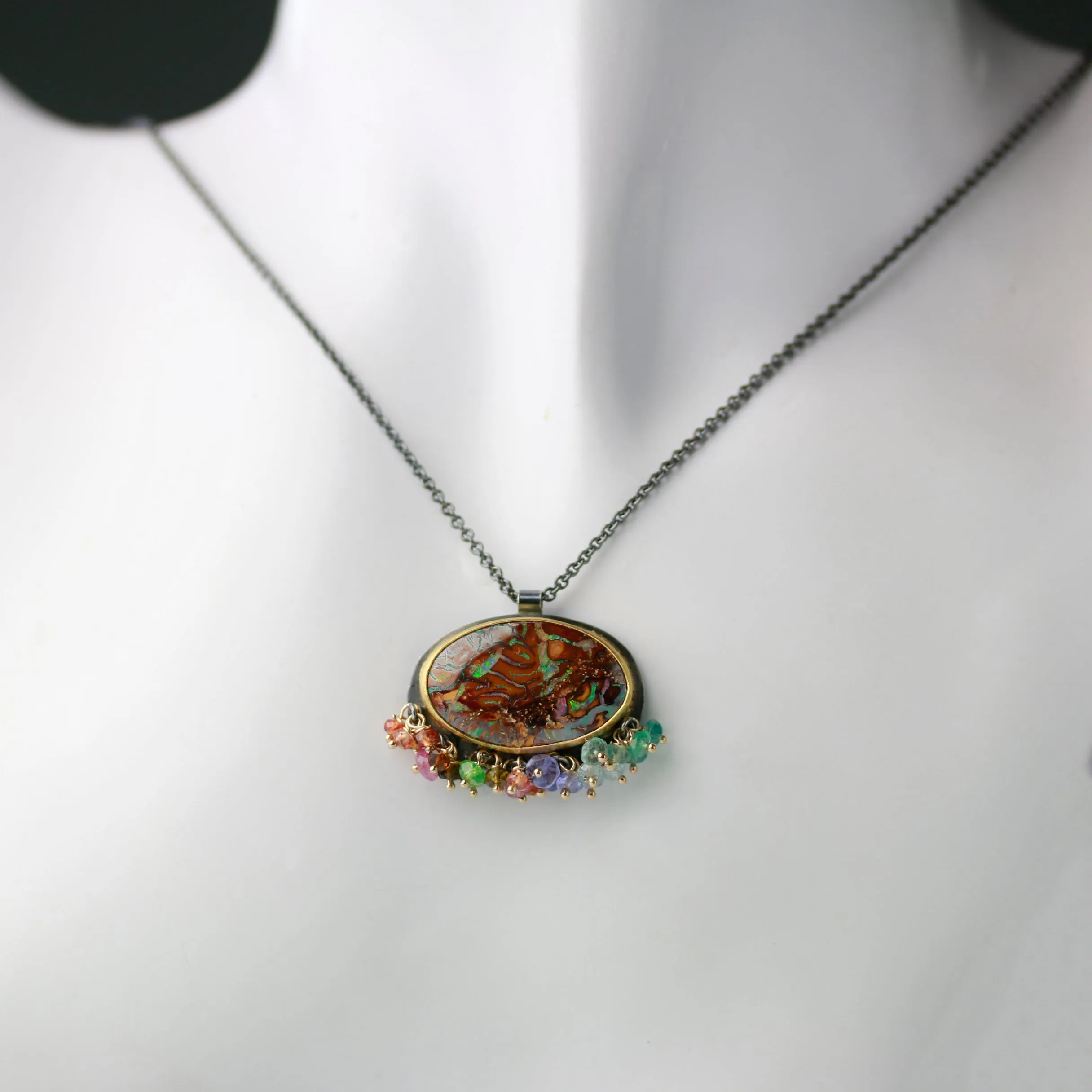 Boulder Opal Oval with Multi Sapphire and Tourmaline Fringe