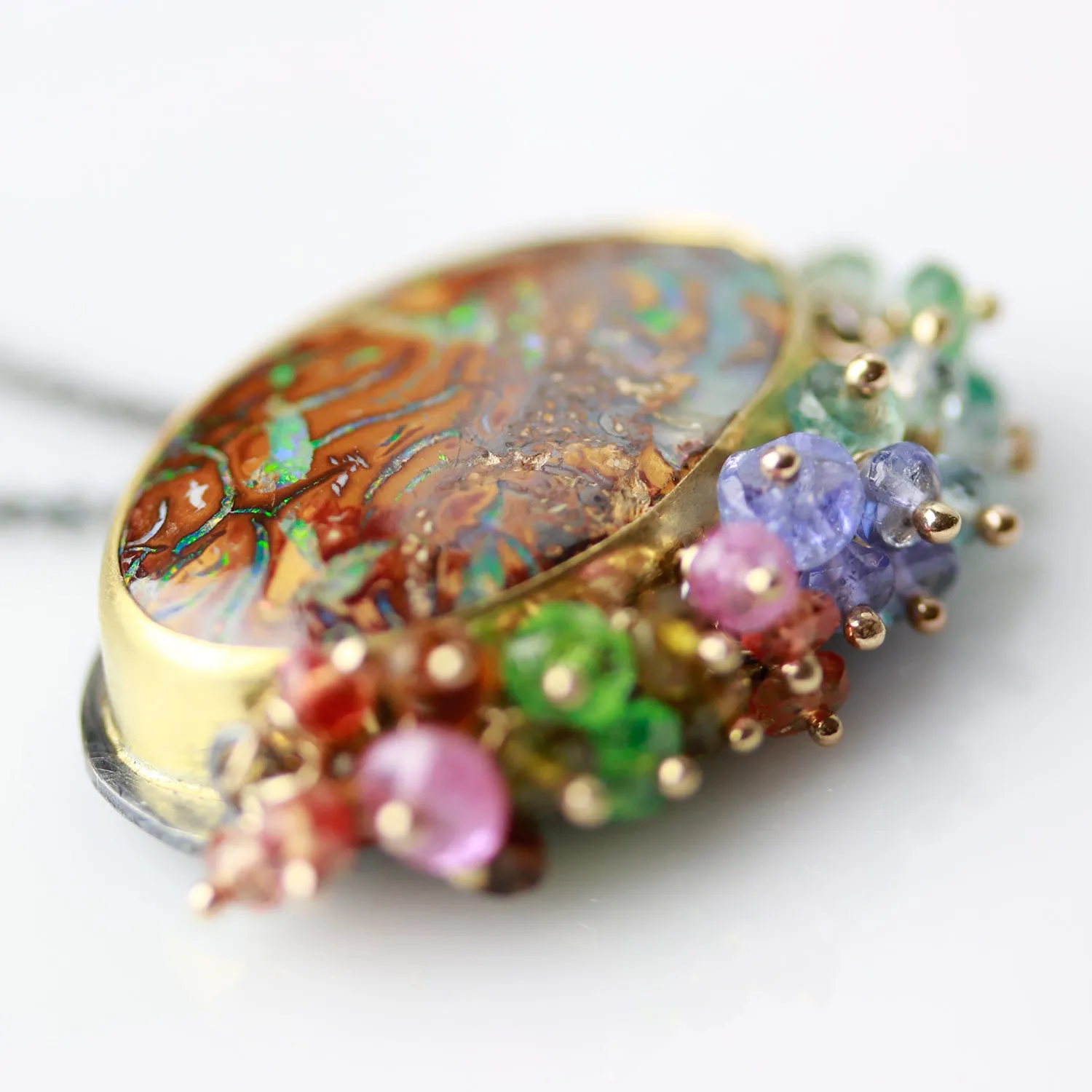 Boulder Opal Oval with Multi Sapphire and Tourmaline Fringe