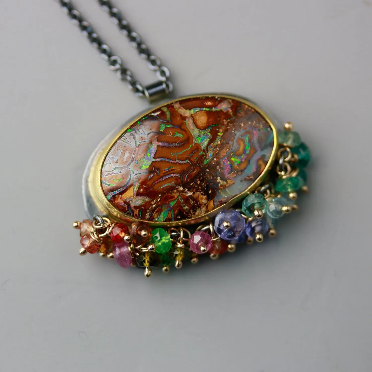 Boulder Opal Oval with Multi Sapphire and Tourmaline Fringe