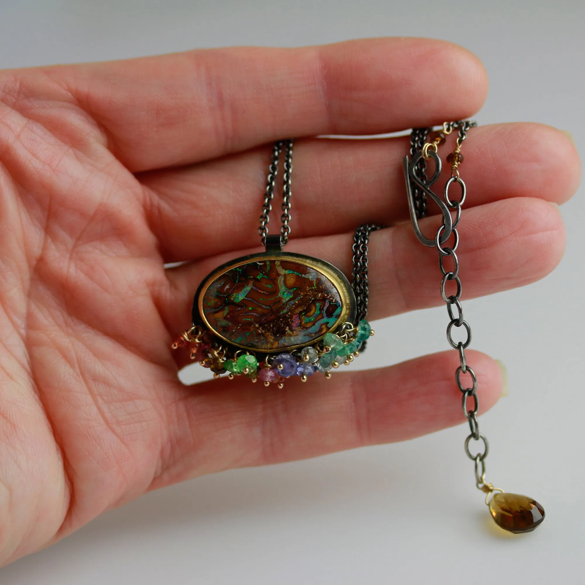 Boulder Opal Oval with Multi Sapphire and Tourmaline Fringe