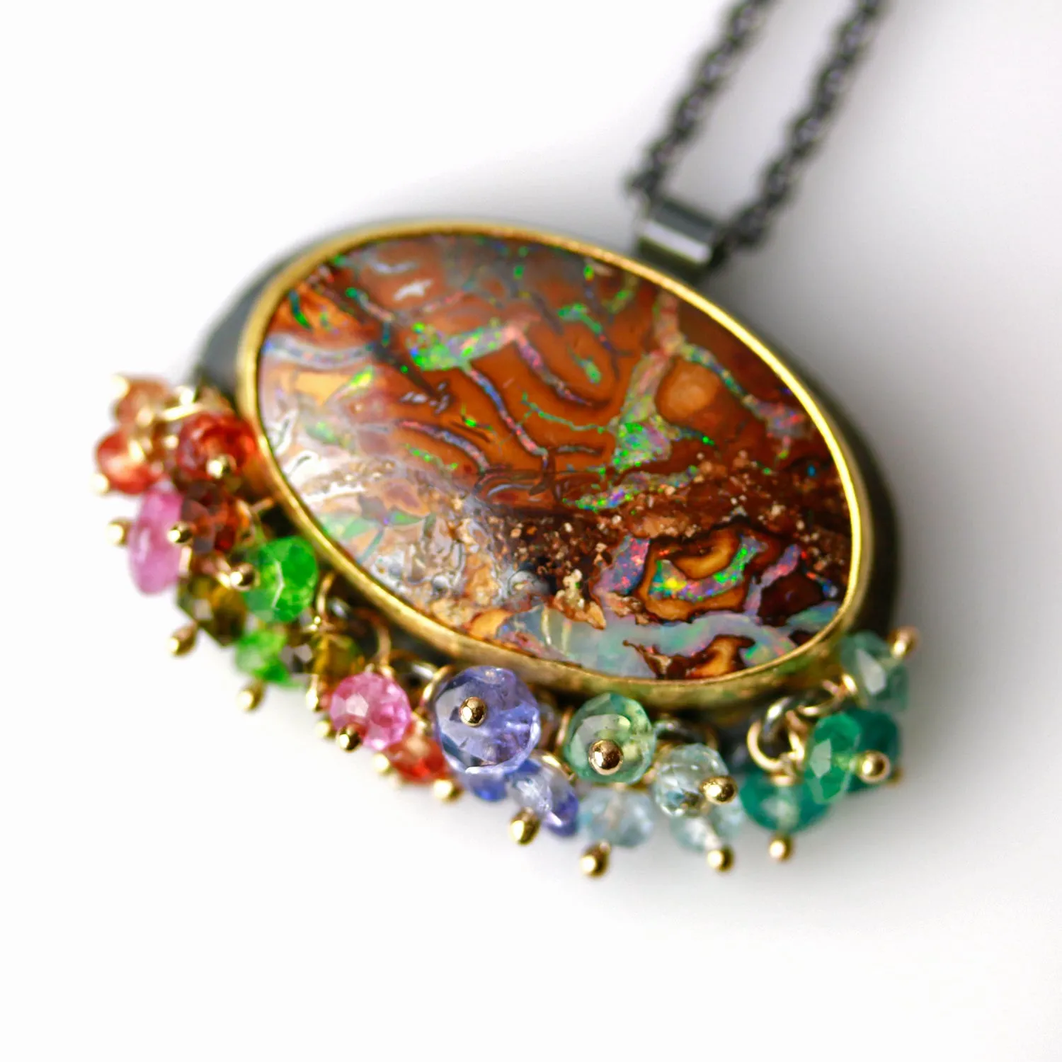 Boulder Opal Oval with Multi Sapphire and Tourmaline Fringe