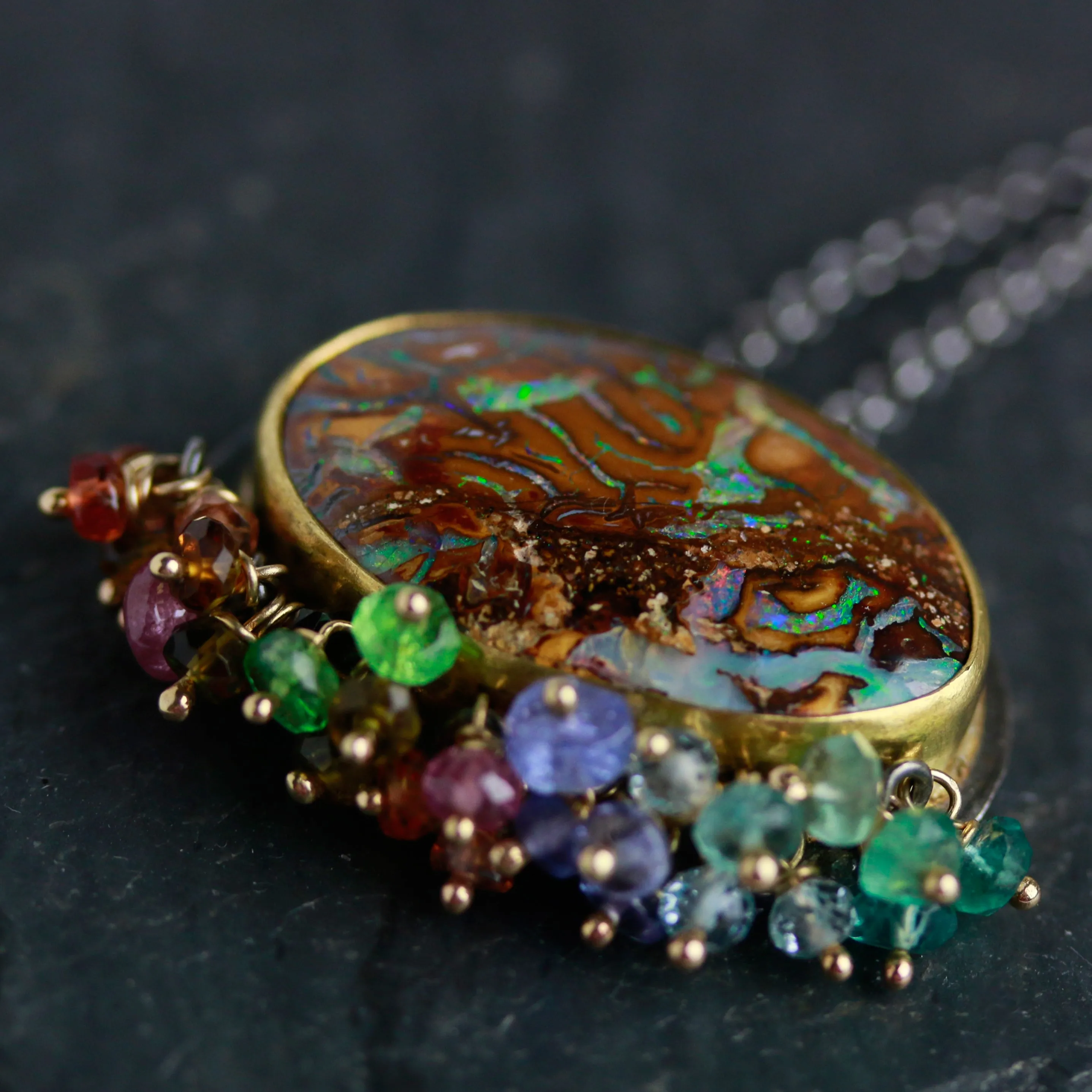 Boulder Opal Oval with Multi Sapphire and Tourmaline Fringe