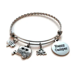 Braided Stainless Steel "Happy Camper" Charm Bracelet