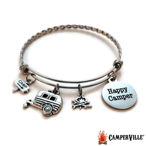 Braided Stainless Steel "Happy Camper" Charm Bracelet