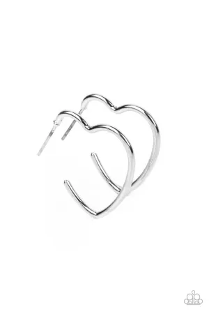 Burnished Beau - Silver - Heart-Shaped Paparazzi Small Hoop Earrings