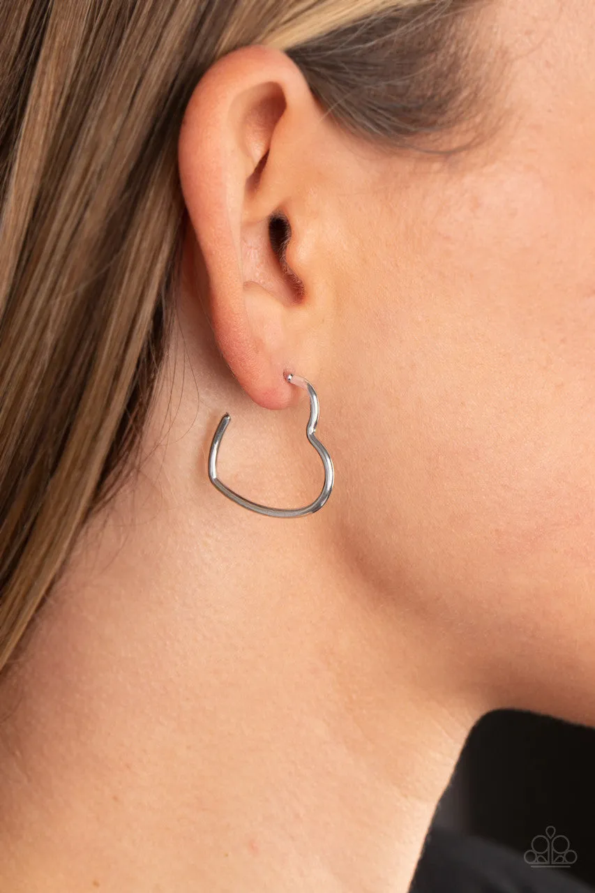 Burnished Beau - Silver - Heart-Shaped Paparazzi Small Hoop Earrings