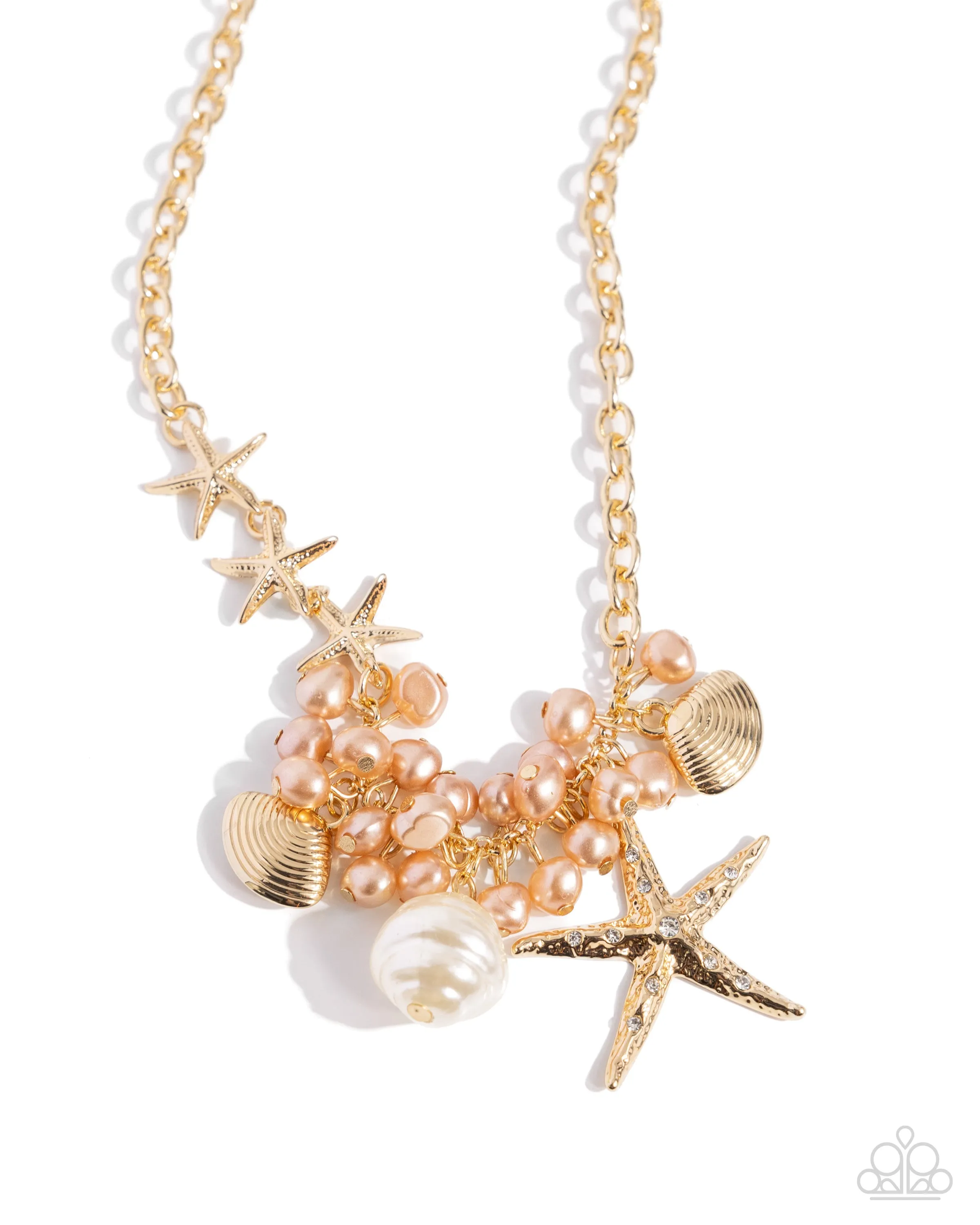 Cabo Coast - Gold - Starfish and Seashell charm White Pearl and Rhinestone Paparazzi Short Necklace