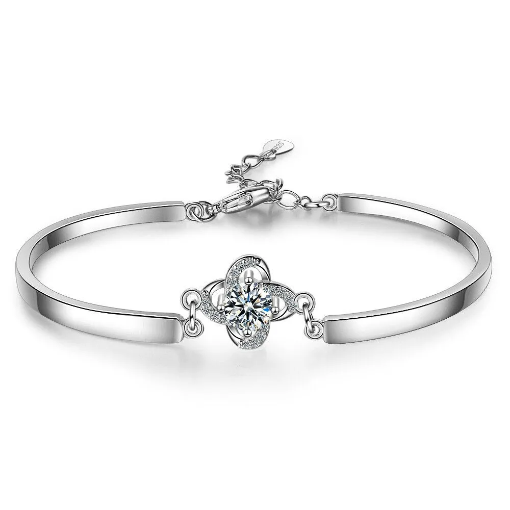 Children's Bracelets:  Sterling Silver Bangle Bracelets with CZ Flower and Extension Age 6 - Teens, with Gift Box