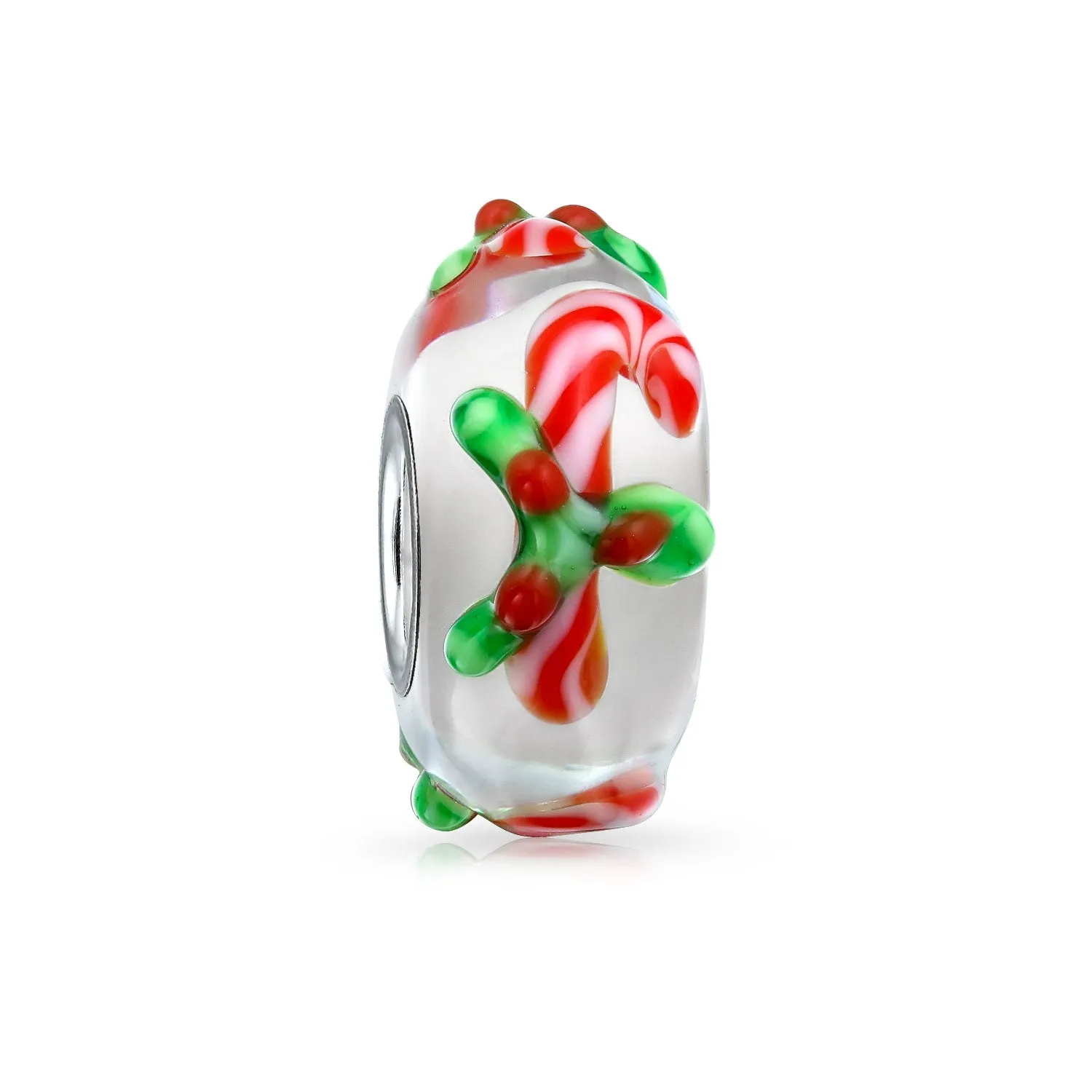 Christmas Charm Bead Kitten in Stocking Snowflake & Candy Cane Sterling Silver