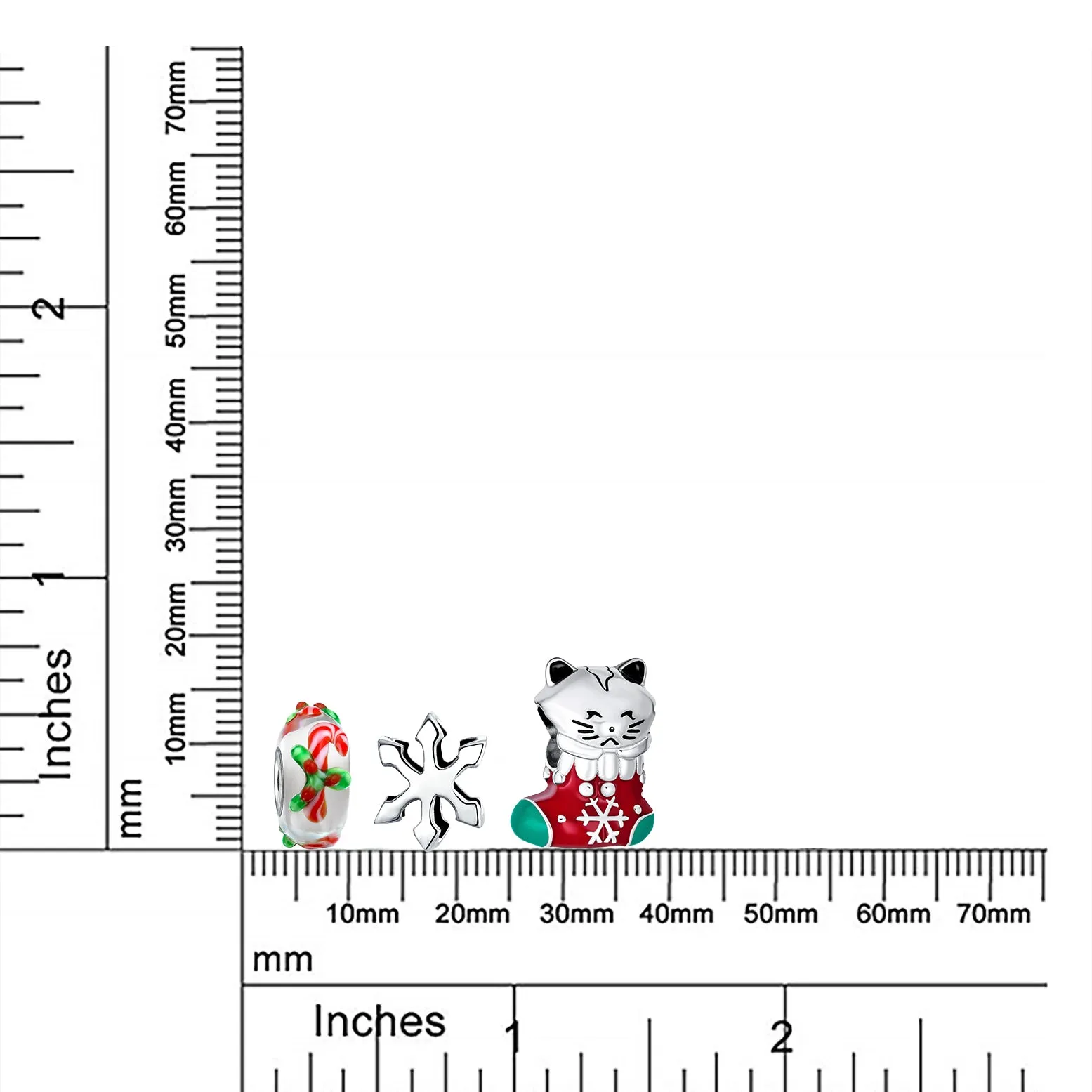 Christmas Charm Bead Kitten in Stocking Snowflake & Candy Cane Sterling Silver