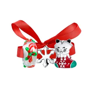 Christmas Charm Bead Kitten in Stocking Snowflake & Candy Cane Sterling Silver