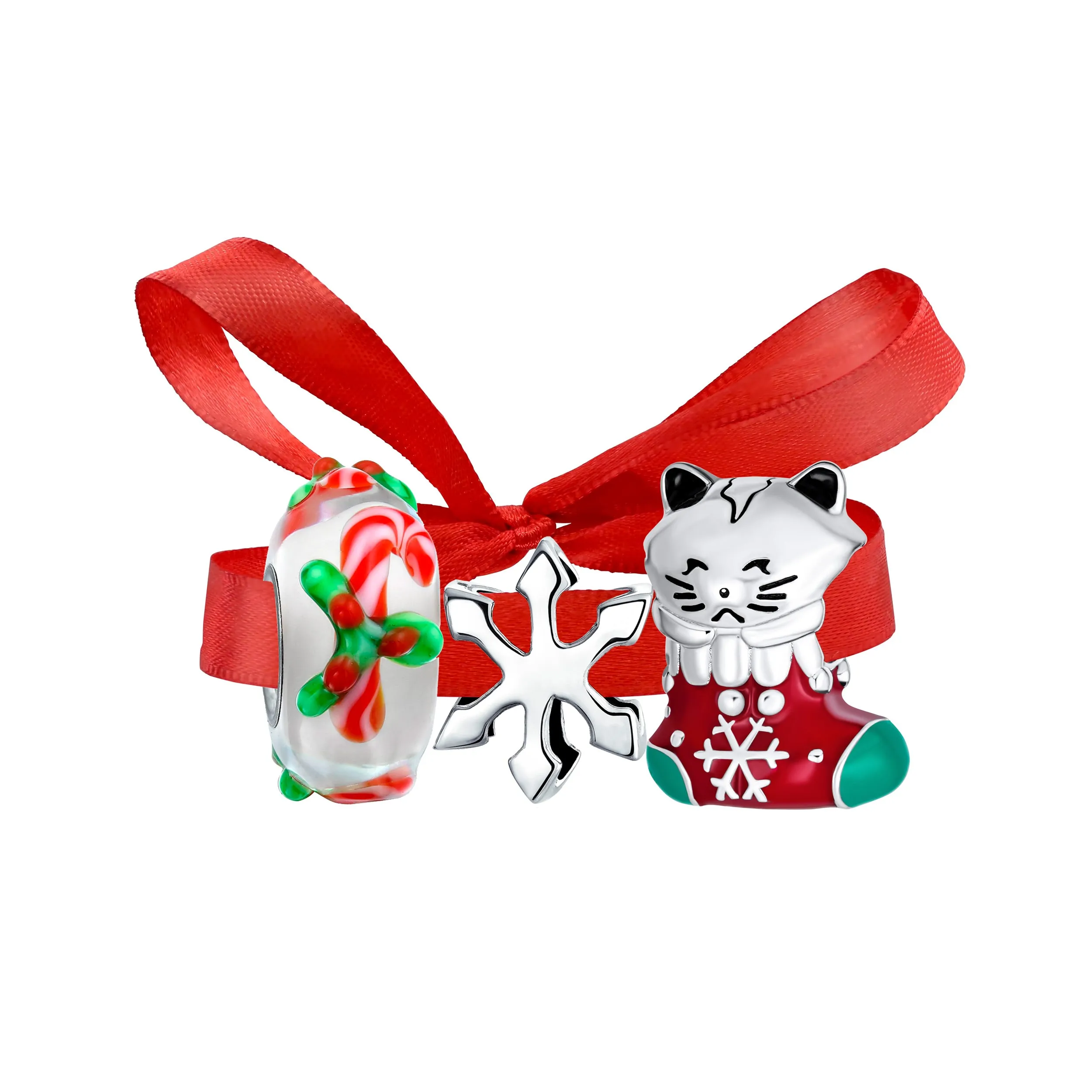 Christmas Charm Bead Kitten in Stocking Snowflake & Candy Cane Sterling Silver