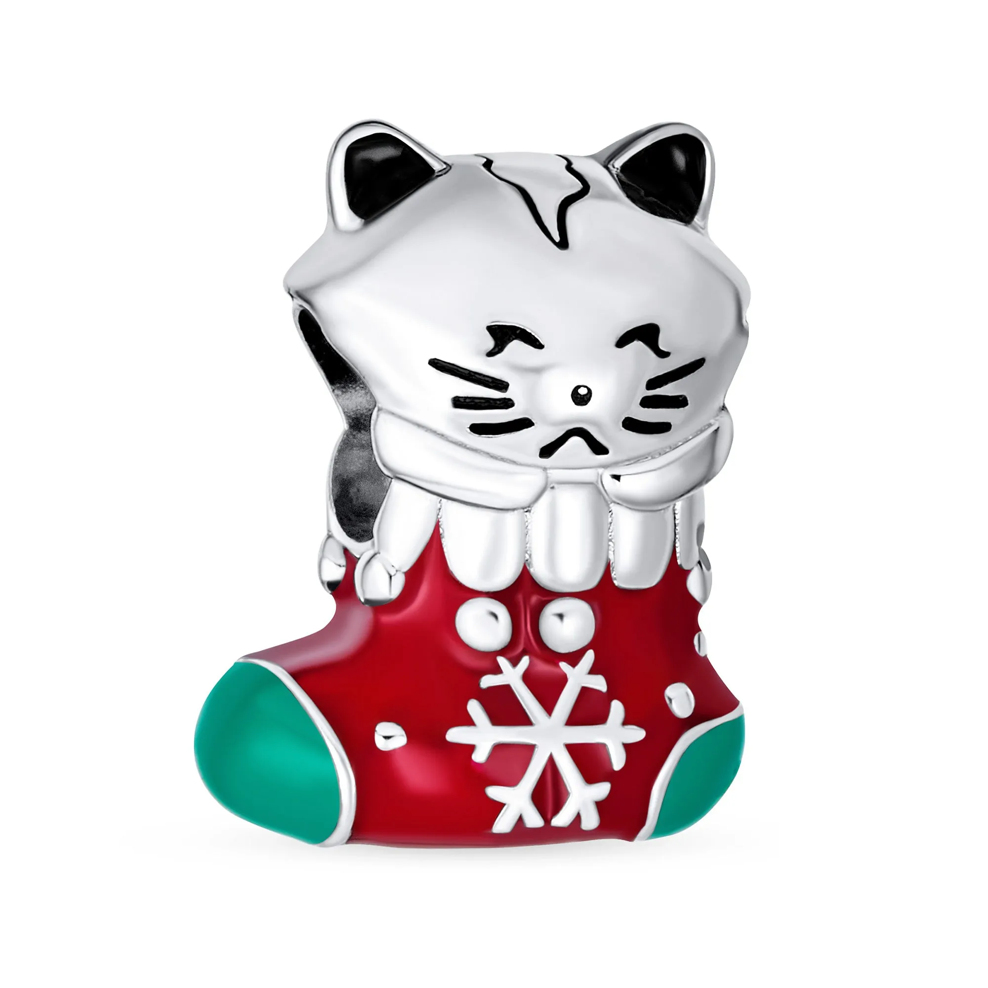 Christmas Charm Bead Kitten in Stocking Snowflake & Candy Cane Sterling Silver