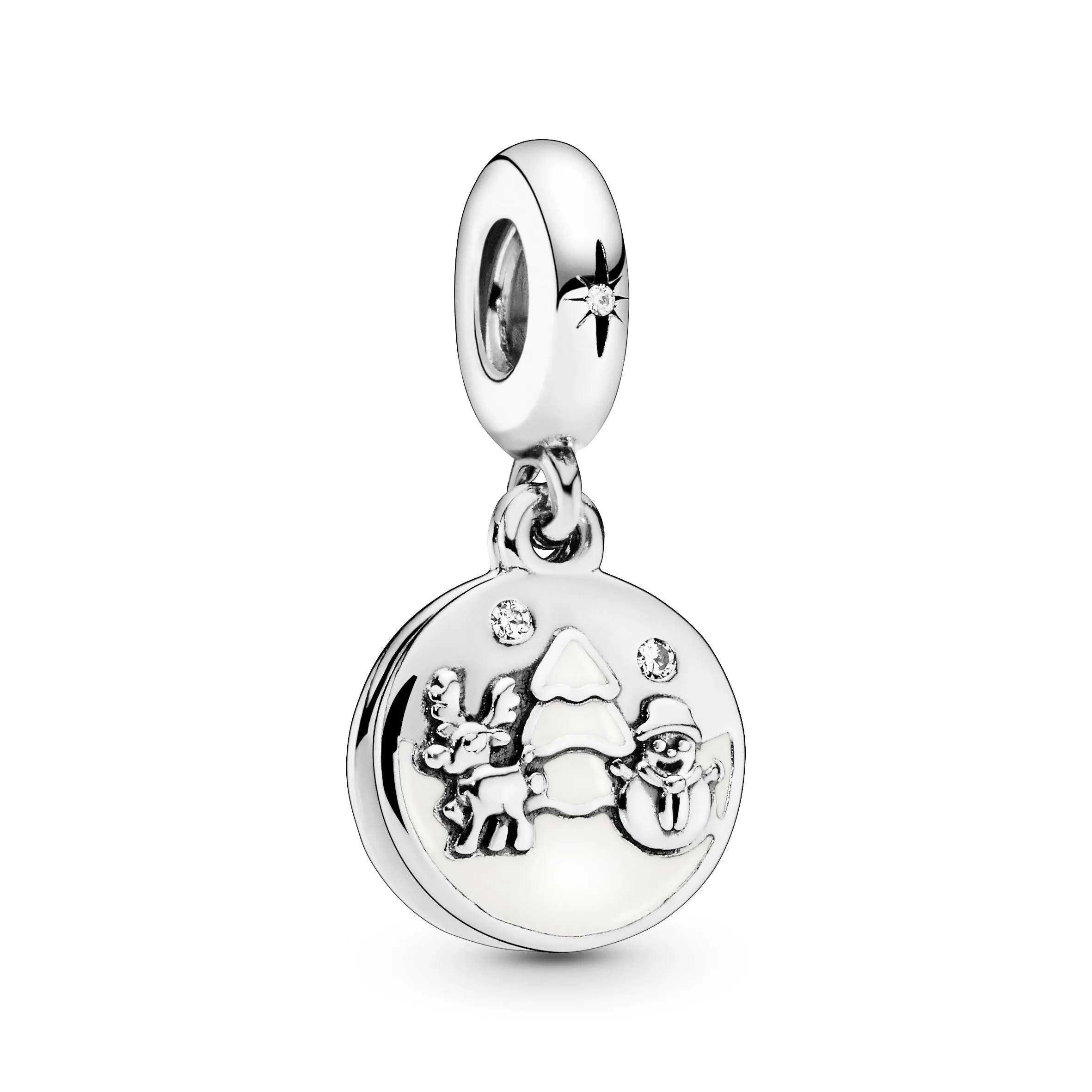 Christmas motif silver dangle with white enamel and clear cubic zirconia