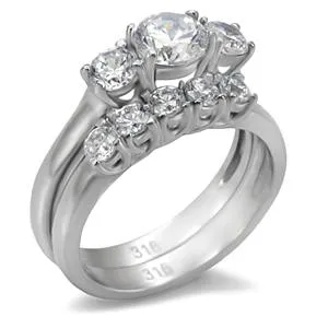 CJ7788OS Wholesale Stainless Steel Round Cubic Zirconia Past, Present & Future Wedding Set