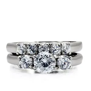 CJ7788OS Wholesale Stainless Steel Round Cubic Zirconia Past, Present & Future Wedding Set
