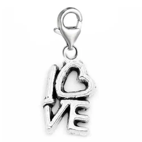 Clip on Love Dangle Charm Pendant for European Clip on Charm Jewelry w/ Lobster Clasp