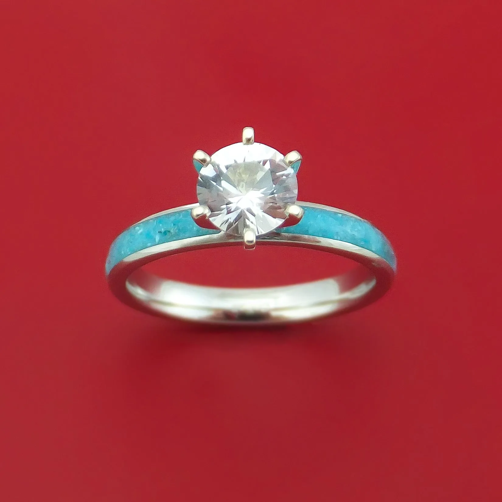 Cobalt Chrome and White Sapphire Engagement and Wedding Ring Set with Turquoise Inlay Custom Made