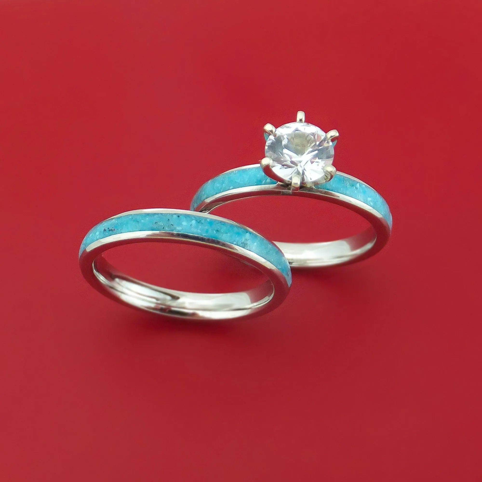 Cobalt Chrome and White Sapphire Engagement and Wedding Ring Set with Turquoise Inlay Custom Made