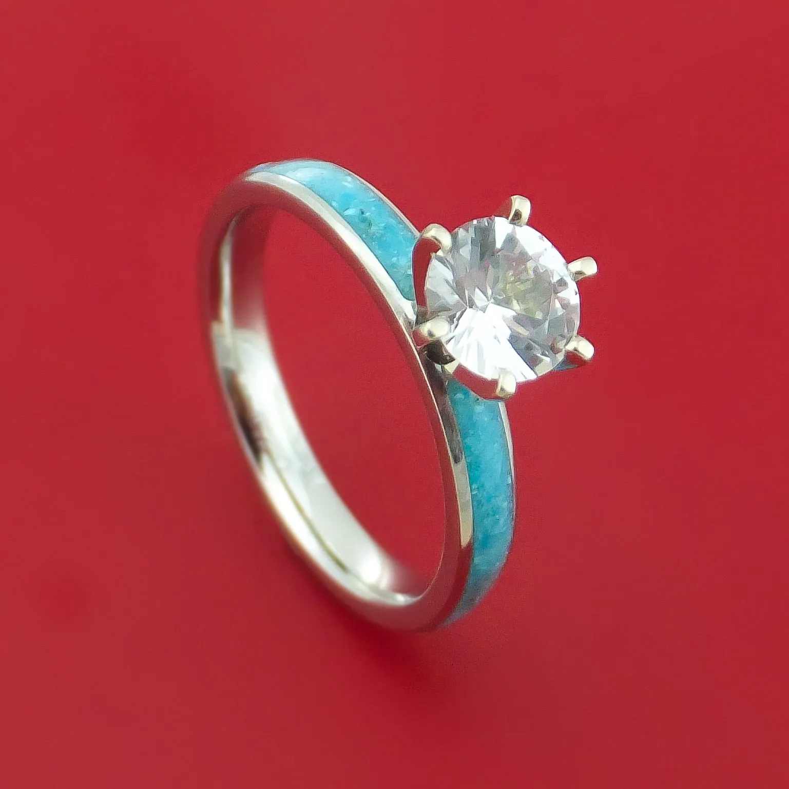 Cobalt Chrome and White Sapphire Engagement and Wedding Ring Set with Turquoise Inlay Custom Made