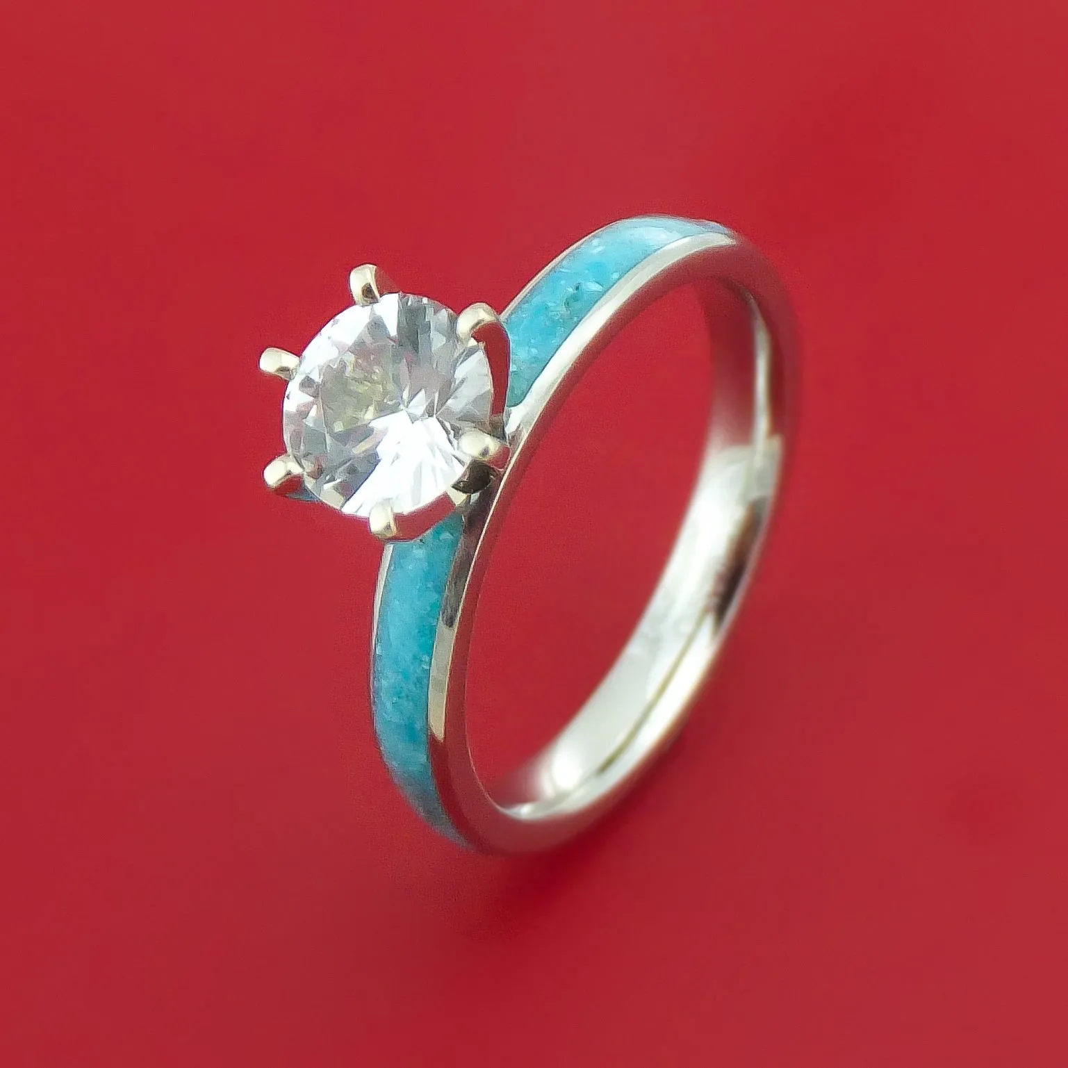 Cobalt Chrome and White Sapphire Engagement and Wedding Ring Set with Turquoise Inlay Custom Made