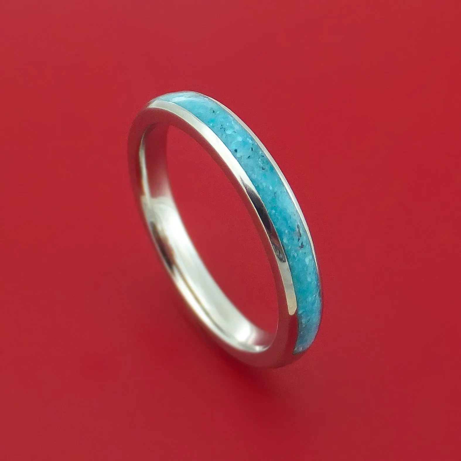 Cobalt Chrome and White Sapphire Engagement and Wedding Ring Set with Turquoise Inlay Custom Made