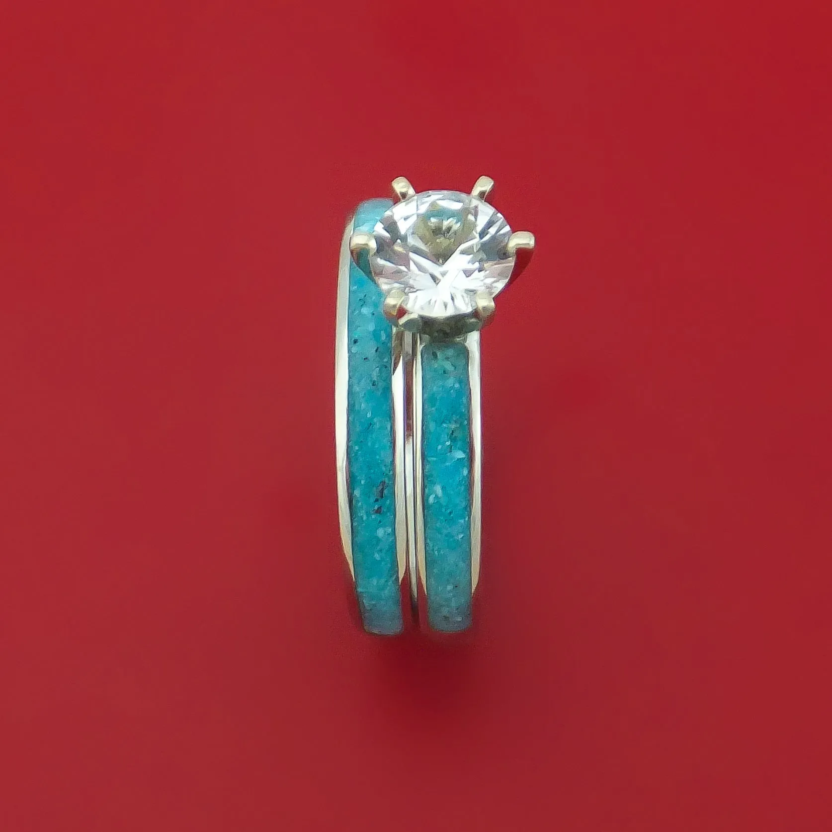 Cobalt Chrome and White Sapphire Engagement and Wedding Ring Set with Turquoise Inlay Custom Made