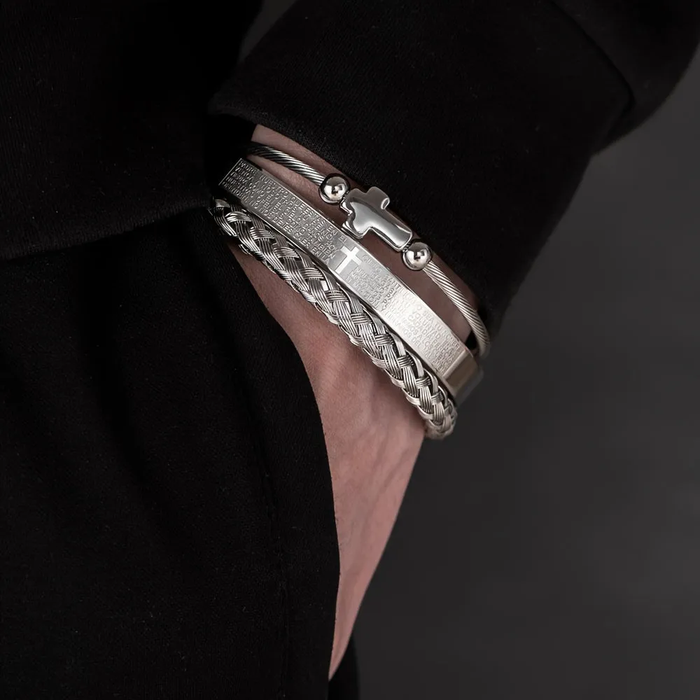 Cross Bangle Set Stainless Steel Hemp Rope Titanium Steel Open Bangle Couple
