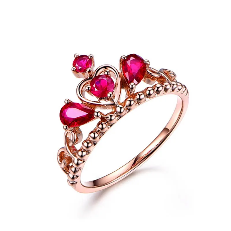 Crown Red Ruby 18K Ring Rose Gold For Women Engagement Jewelry