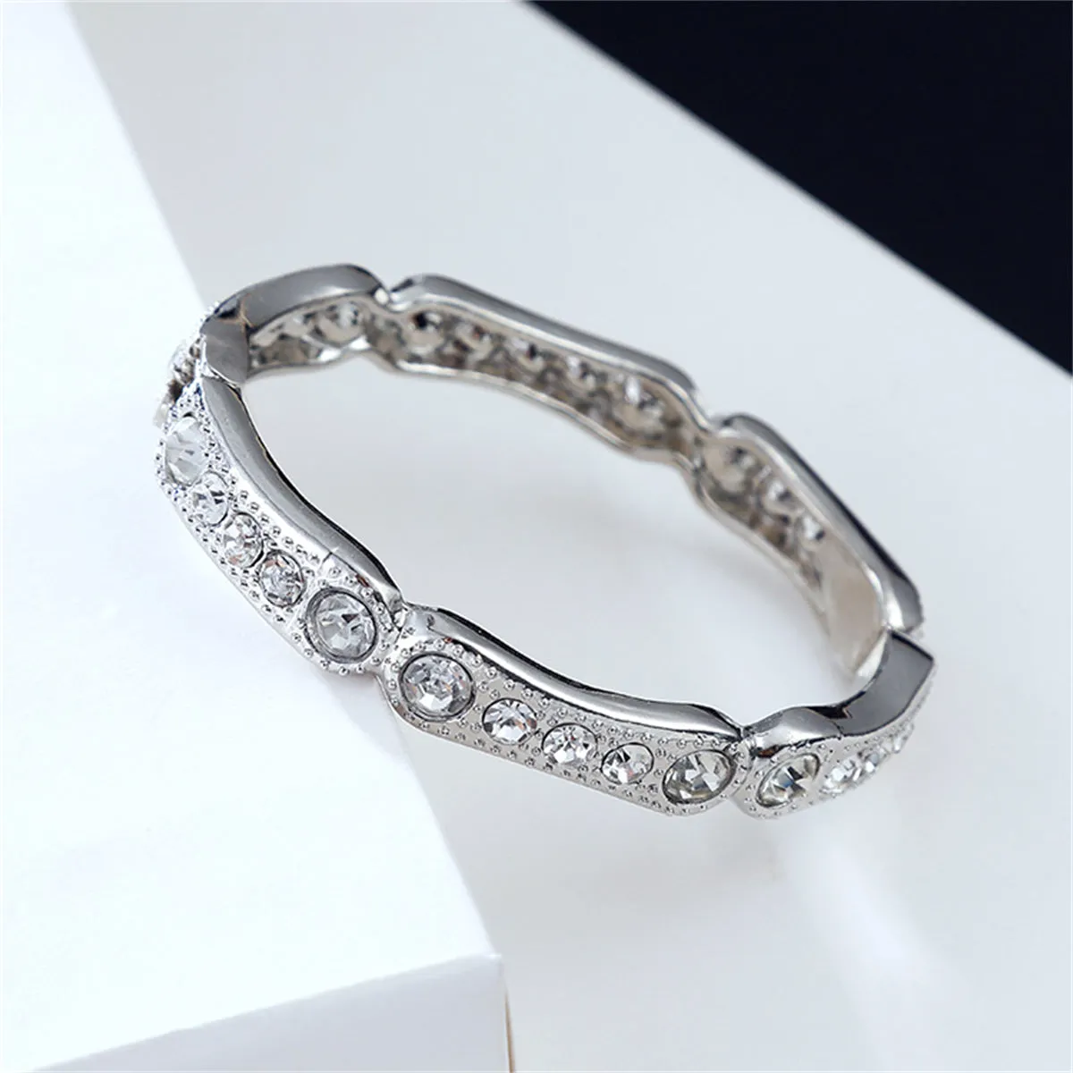 Cubic Zirconia & Silver-Plated Milgrain Bangle