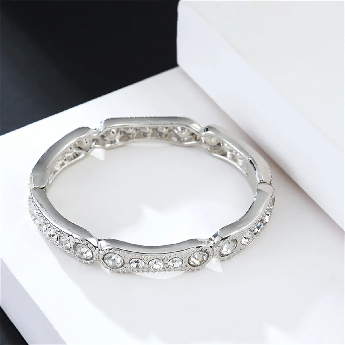 Cubic Zirconia & Silver-Plated Milgrain Bangle