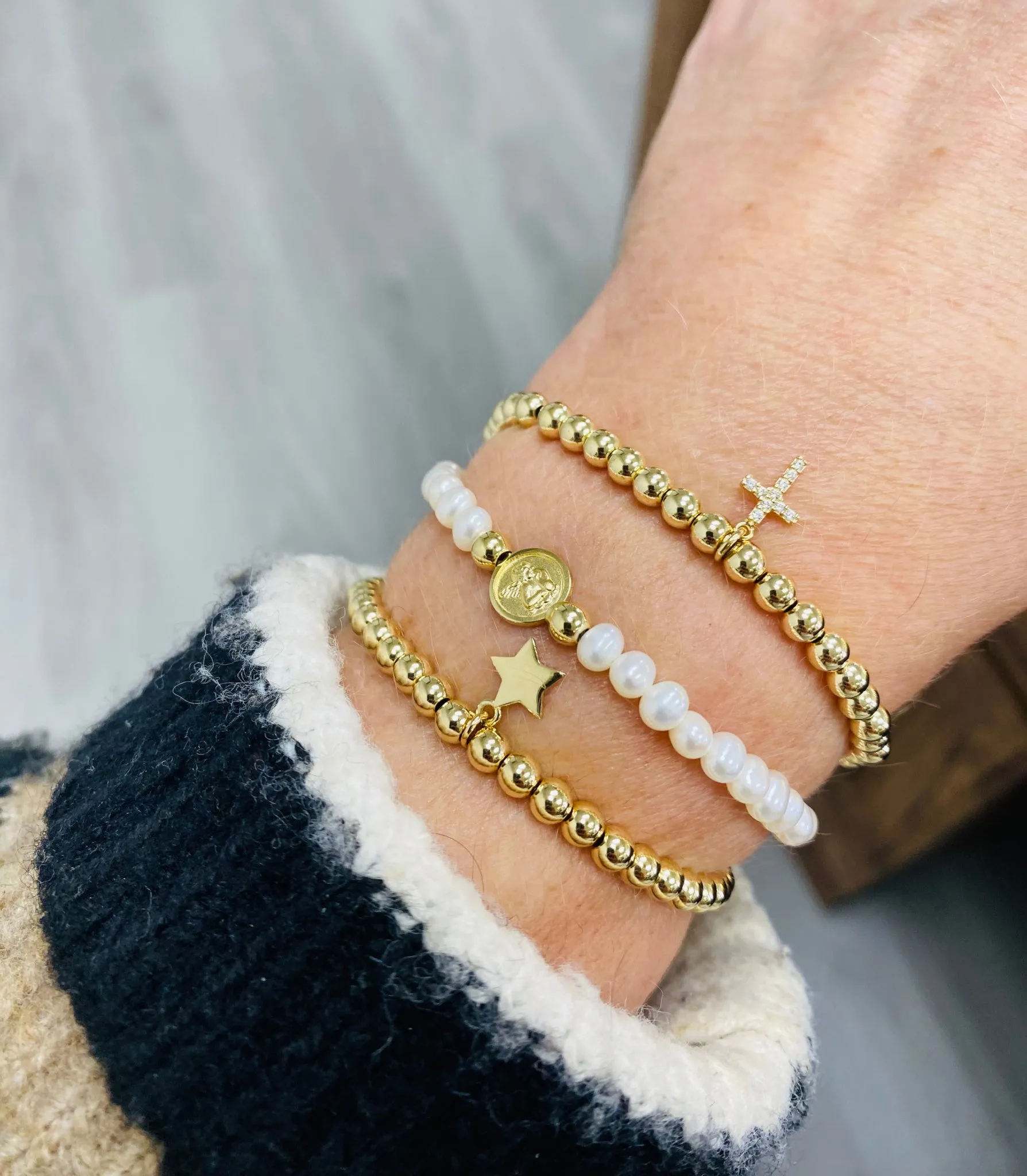 Cubic Zirconia Cross Elastic Gold Filled Bead Bracelet