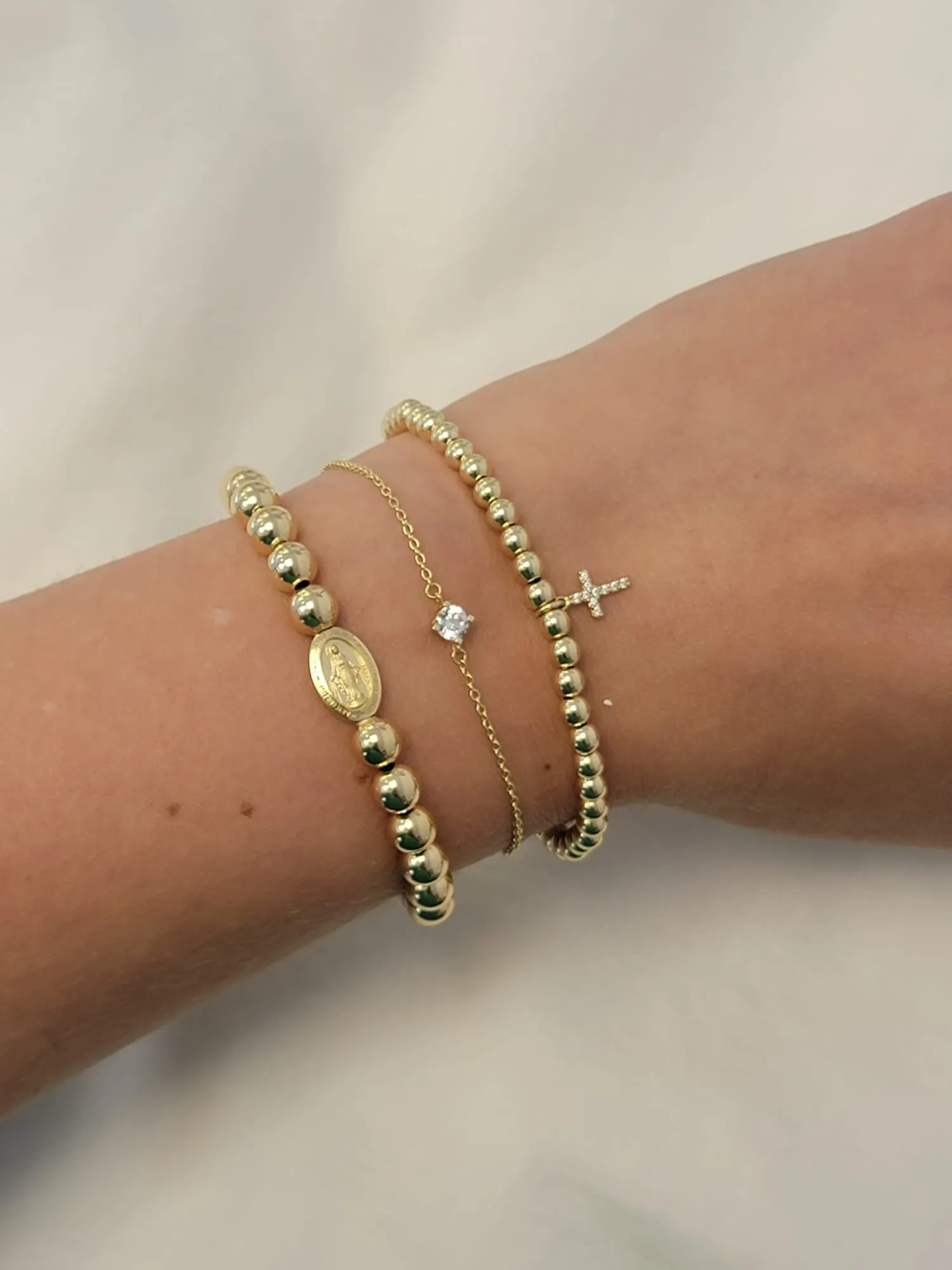Cubic Zirconia Cross Elastic Gold Filled Bead Bracelet