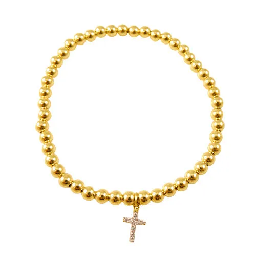 Cubic Zirconia Cross Elastic Gold Filled Bead Bracelet