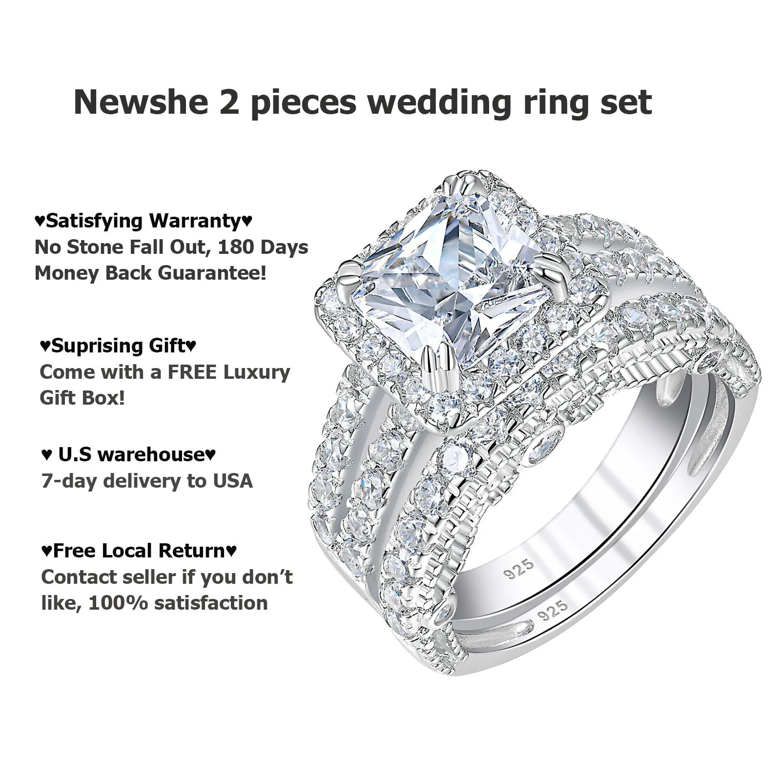 Cubic Zirconia Women's Bridal Set Princess Cut CZ Jewelry Engagement Wedding Rings Set 925 Sterling Silver