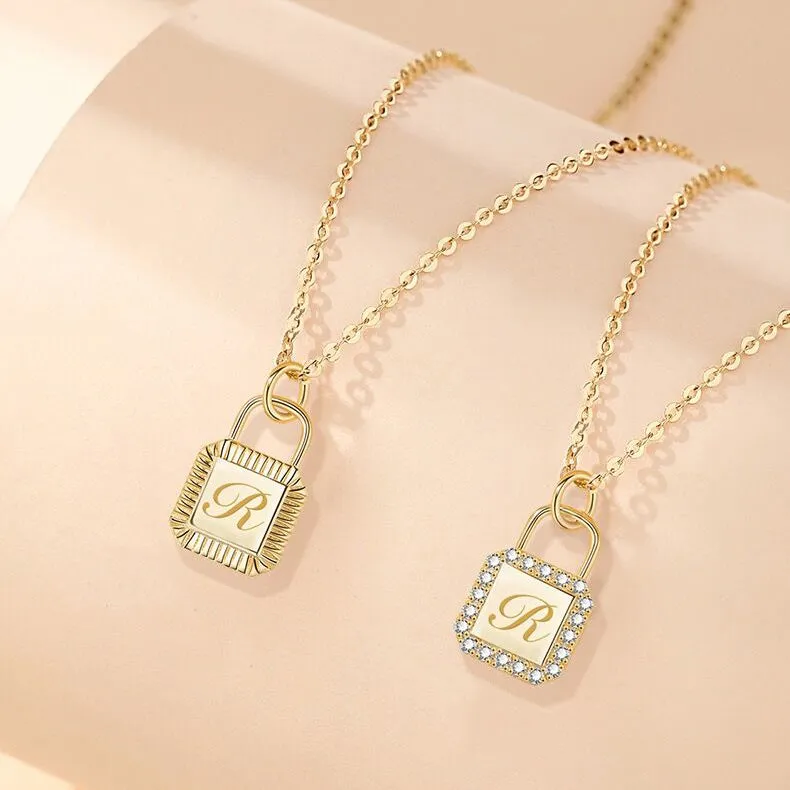 Custom Letter Lock Diamond Necklace - Solid 18K Gold