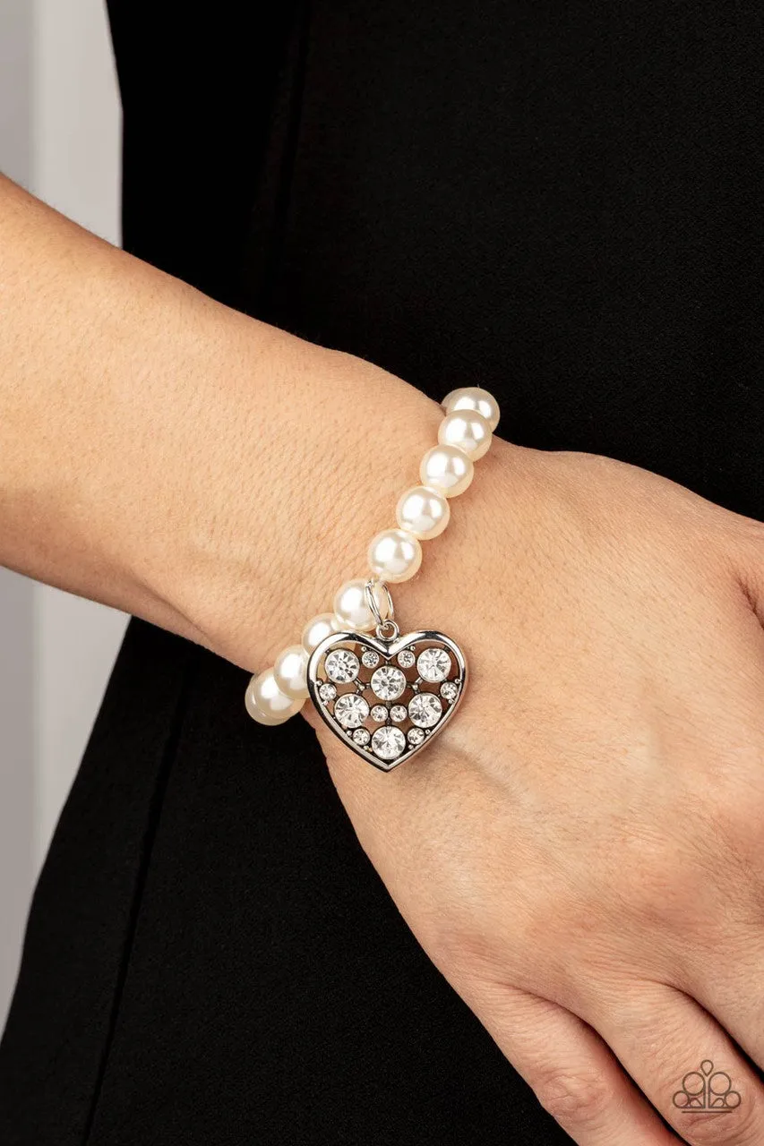 Cutely Crushing - White - Rhinestone Heart Pearl Paparazzi Stretchy Bracelet