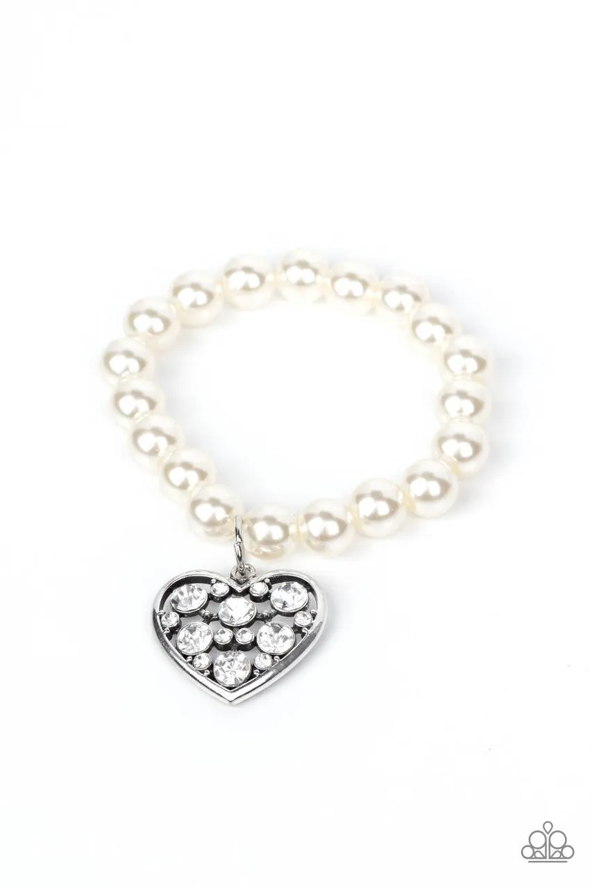 Cutely Crushing - White - Rhinestone Heart Pearl Paparazzi Stretchy Bracelet